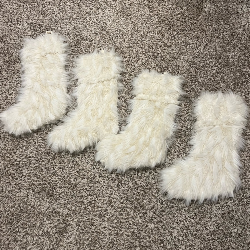 Set of Four White Faux Fur Christmas Stockings